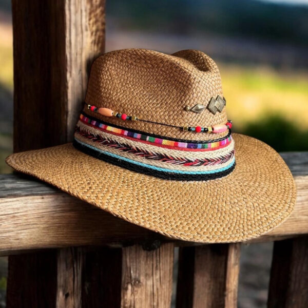 decorated hat, hats decorated in Colombia, personalized hats made from iraca palm, handmade hats with embroidery, test1234, Damaro Brown Indiana Hat