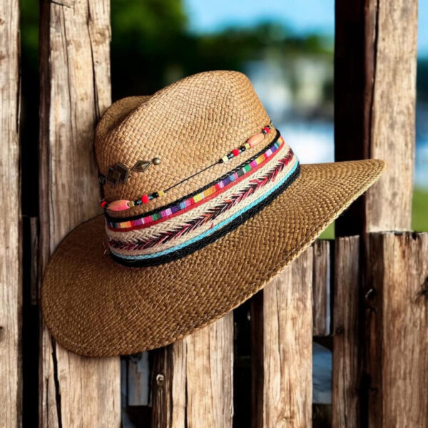 decorated hat, hats decorated in Colombia, personalized hats made from iraca palm, handmade hats with embroidery, test1234, Damaro Brown Indiana Hat