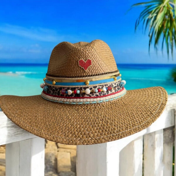 decorated hat, hats decorated in Colombia, personalized hats made from iraca palm, handmade hats with embroidery, test1234, Decorated print heart brown indiana hat 250331001