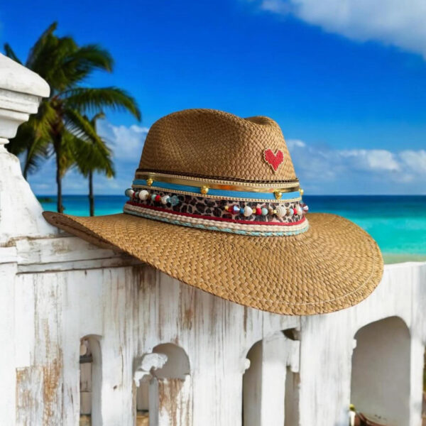 decorated hat, hats decorated in Colombia, personalized hats made from iraca palm, handmade hats with embroidery, test1234, Decorated print heart brown indiana hat 250331001