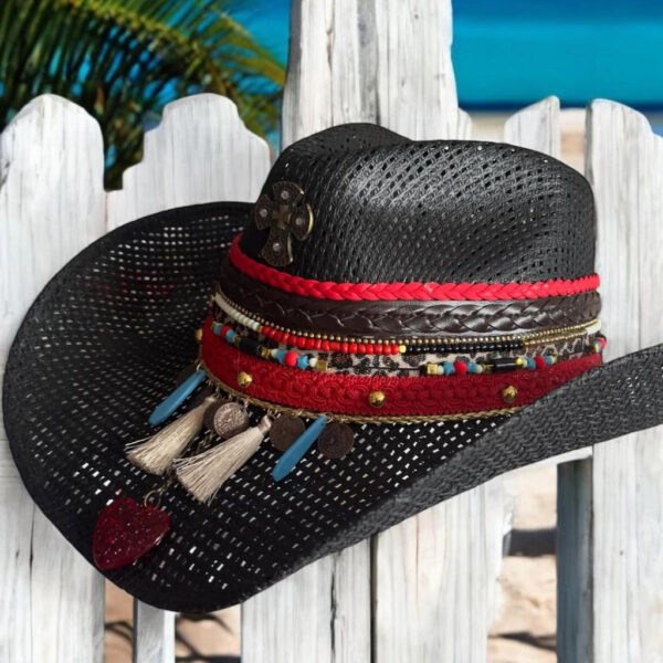 decorated hat, hats decorated in Colombia, personalized hats made from iraca palm, handmade hats with embroidery, test1234, Black rock cross cowboy hat 250316001 00002