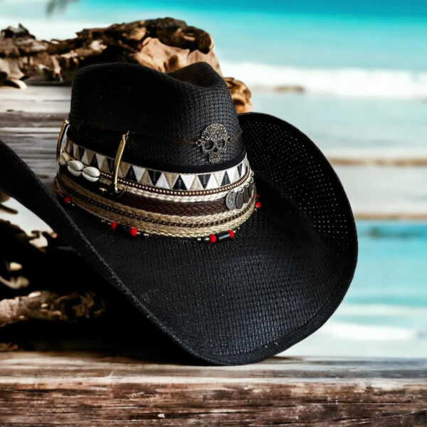 decorated hat, hats decorated in Colombia, personalized hats made from iraca palm, handmade hats with embroidery, test1234, Skull Rock Black Cowboy Hat