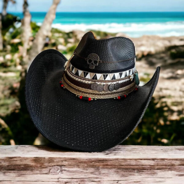 decorated hat, hats decorated in Colombia, personalized hats made from iraca palm, handmade hats with embroidery, test1234, Skull Rock Black Cowboy Hat