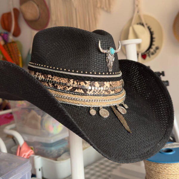 decorated hat, hats decorated in Colombia, personalized hats made from iraca palm, handmade hats with embroidery, test1234, Tribe Decorated Bull Black Cowboy Hat