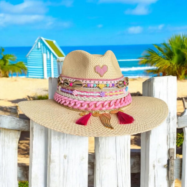 decorated hat, hats decorated in Colombia, personalized hats made from iraca palm, handmade hats with embroidery, test1234, Amar Decorated Pink Indiana Hat