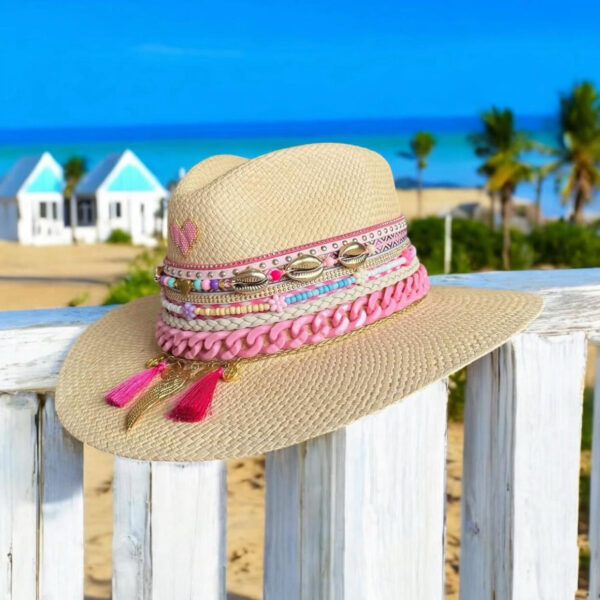decorated hat, hats decorated in Colombia, personalized hats made from iraca palm, handmade hats with embroidery, test1234, Amar Decorated Pink Indiana Hat