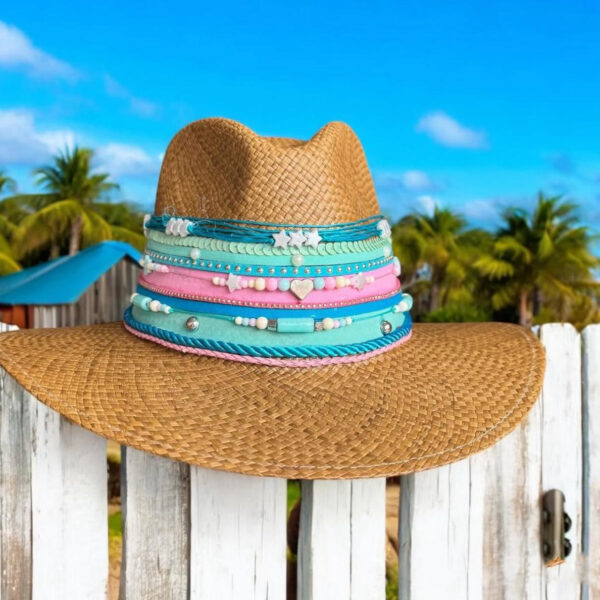 decorated hat, hats decorated in Colombia, personalized hats made from iraca palm, handmade hats with embroidery, test1234, Be Happy decorated Indiana Hat