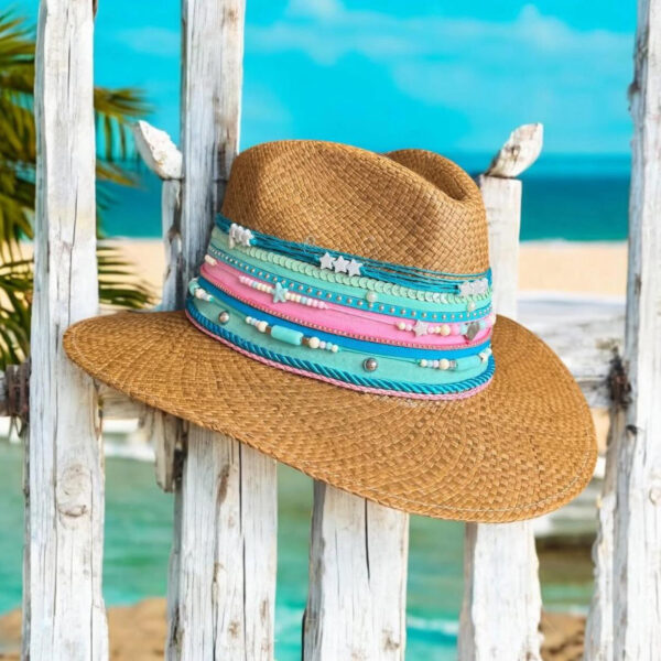 decorated hat, hats decorated in Colombia, personalized hats made from iraca palm, handmade hats with embroidery, test1234, Be Happy decorated Indiana Hat
