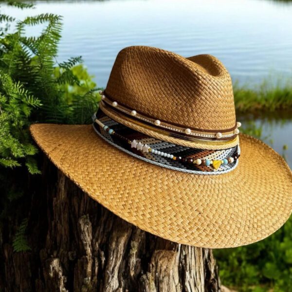 decorated hat, hats decorated in Colombia, personalized hats made from iraca palm, handmade hats with embroidery, test1234, Hibisco Brown Indiana Hat 250401001 0001