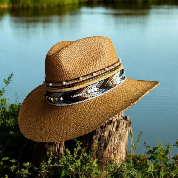 decorated hat, hats decorated in Colombia, personalized hats made from iraca palm, handmade hats with embroidery, test1234, Hibisco Brown Indiana Hat 250401001 0002