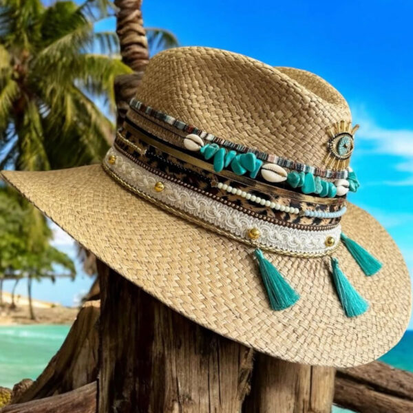 decorated hat, hats decorated in Colombia, personalized hats made from iraca palm, handmade hats with embroidery, test1234, Jaipur Turquoise Indiana Hat 250407002 002