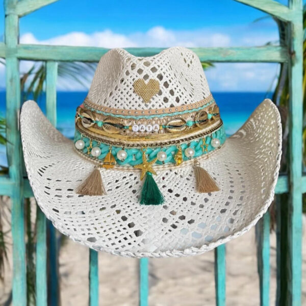 decorated hat, hats decorated in Colombia, personalized hats made from iraca palm, handmade hats with embroidery, test1234, Snowy Openwork Turquoise Hat in White Color 250408001