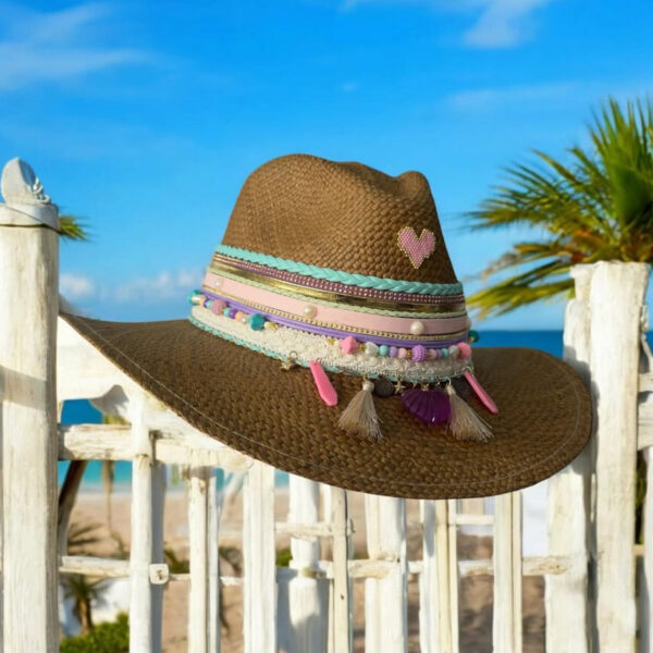 decorated hat, hats decorated in Colombia, personalized hats made from iraca palm, handmade hats with embroidery, test1234, Tessel Brown Indiana Hat 250407001 003