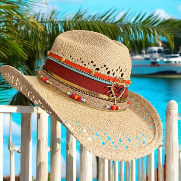 decorated hat, hats decorated in Colombia, personalized hats made from iraca palm, handmade hats with embroidery, test1234, Wild Heart Openwork Hat in Natural Color 002