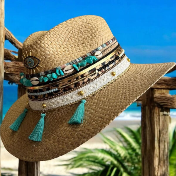 decorated hat, hats decorated in Colombia, personalized hats made from iraca palm, handmade hats with embroidery, test1234, Jaipur Turquoise Indiana Hat 250407002 003