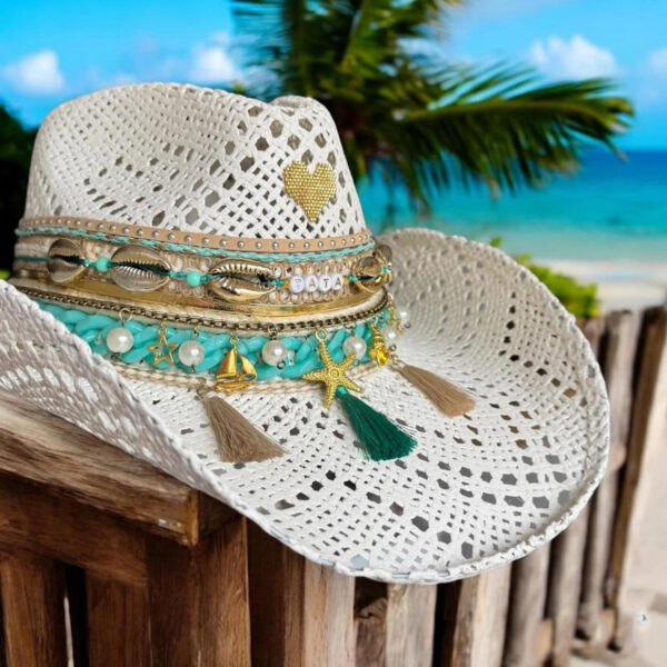 decorated hat, hats decorated in Colombia, personalized hats made from iraca palm, handmade hats with embroidery, test1234, Snowy Openwork Turquoise Hat in White Color 250408001