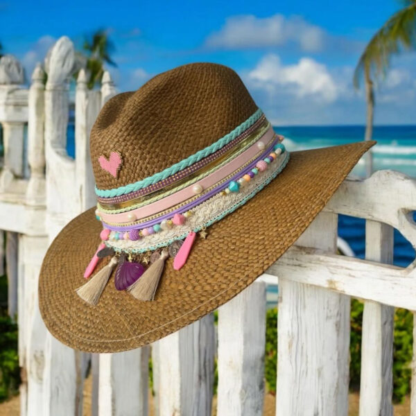 decorated hat, hats decorated in Colombia, personalized hats made from iraca palm, handmade hats with embroidery, test1234, Tessel Brown Indiana Hat 250407001 002