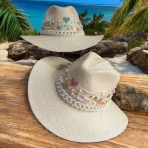 decorated hat, hats decorated in Colombia, personalized hats made from iraca palm, handmade hats with embroidery, test1234, Blue Heart Chain with Beige Band Personalized Indiana Hat for Women