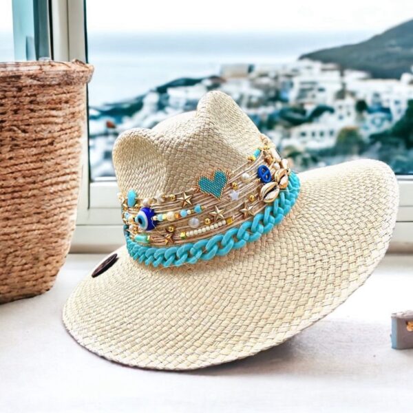 decorated hat, hats decorated in Colombia, personalized hats made from iraca palm, handmade hats with embroidery, test1234, Blue Heart Chain Personalized Indiana Hat for Women