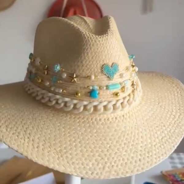 decorated hat, hats decorated in Colombia, personalized hats made from iraca palm, handmade hats with embroidery, test1234, Blue Heart Chain with Beige Band Personalized Indiana Hat for Women