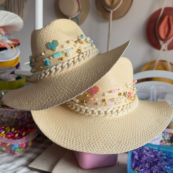 decorated hat, hats decorated in Colombia, personalized hats made from iraca palm, handmade hats with embroidery, test1234, Blue Heart Chain with Beige Band Personalized Indiana Hat for Women