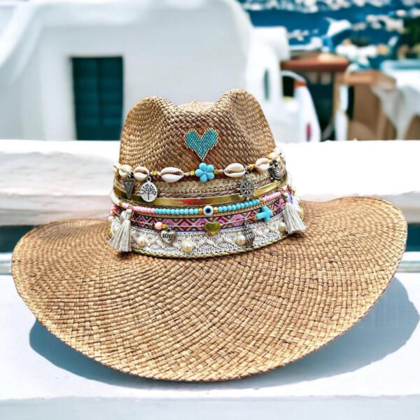 decorated hat, hats decorated in Colombia, personalized hats made from iraca palm, handmade hats with embroidery, test1234, Heart Power Indiana Hat 001