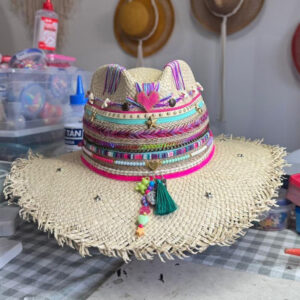 decorated hat, hats decorated in Colombia, personalized hats made from iraca palm, handmade hats with embroidery, test1234, Frayed Tribe Heart Pinky Hat in Natural Color 00001