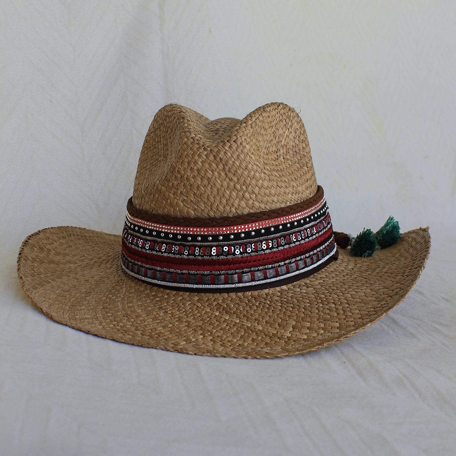 Brown Color Borsalino Hat with Boho Travel Cherry Shine Decoration Brown Color Borsalino Hat with Boho Travel Cherry Shine Decoration