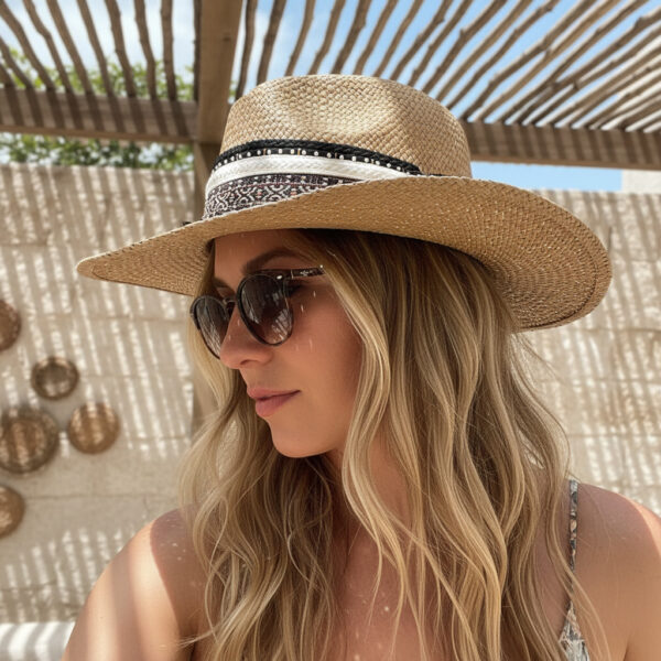 Brown Color Borsalino Hat with Boho Travel Moroccan Coins Decoration — Hat Size: 55 cm