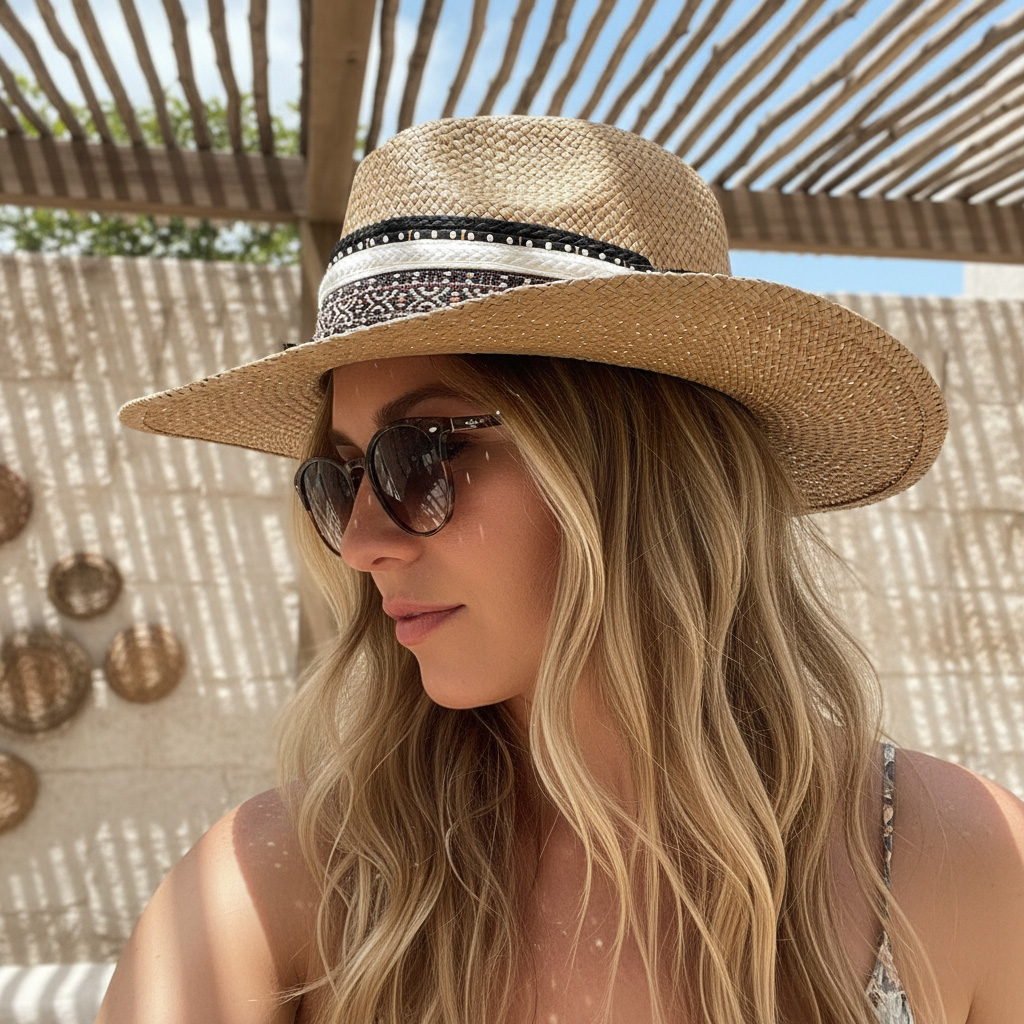 Brown Color Borsalino Hat with Boho Travel Moroccan Coins Decoration — Hat Size: 55 cm