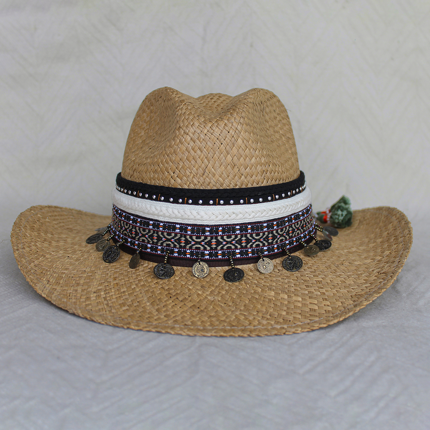 Brown Color Borsalino Hat with Boho Travel Moroccan Coins Decoration