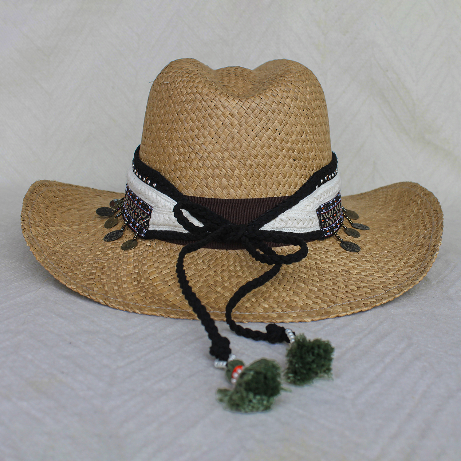 Brown Color Borsalino Hat with Boho Travel Moroccan Coins Decoration