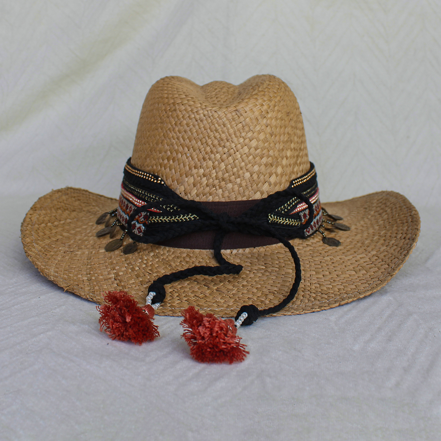 Brown Color Borsalino Hat with Boho Travel Pinky Coins Decoration Brown Color Borsalino Hat with Boho Travel Pinky Coins Decoration