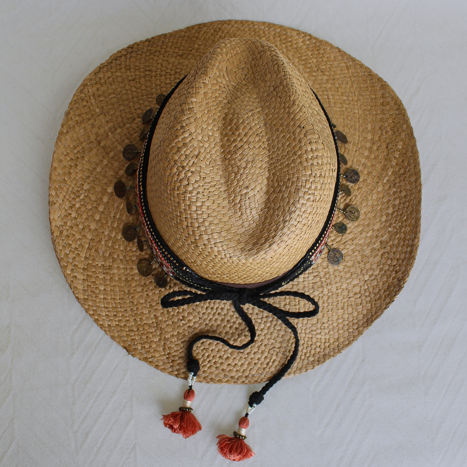 Brown Color Borsalino Hat with Boho Travel Pinky Coins Decoration Brown Color Borsalino Hat with Boho Travel Pinky Coins Decoration