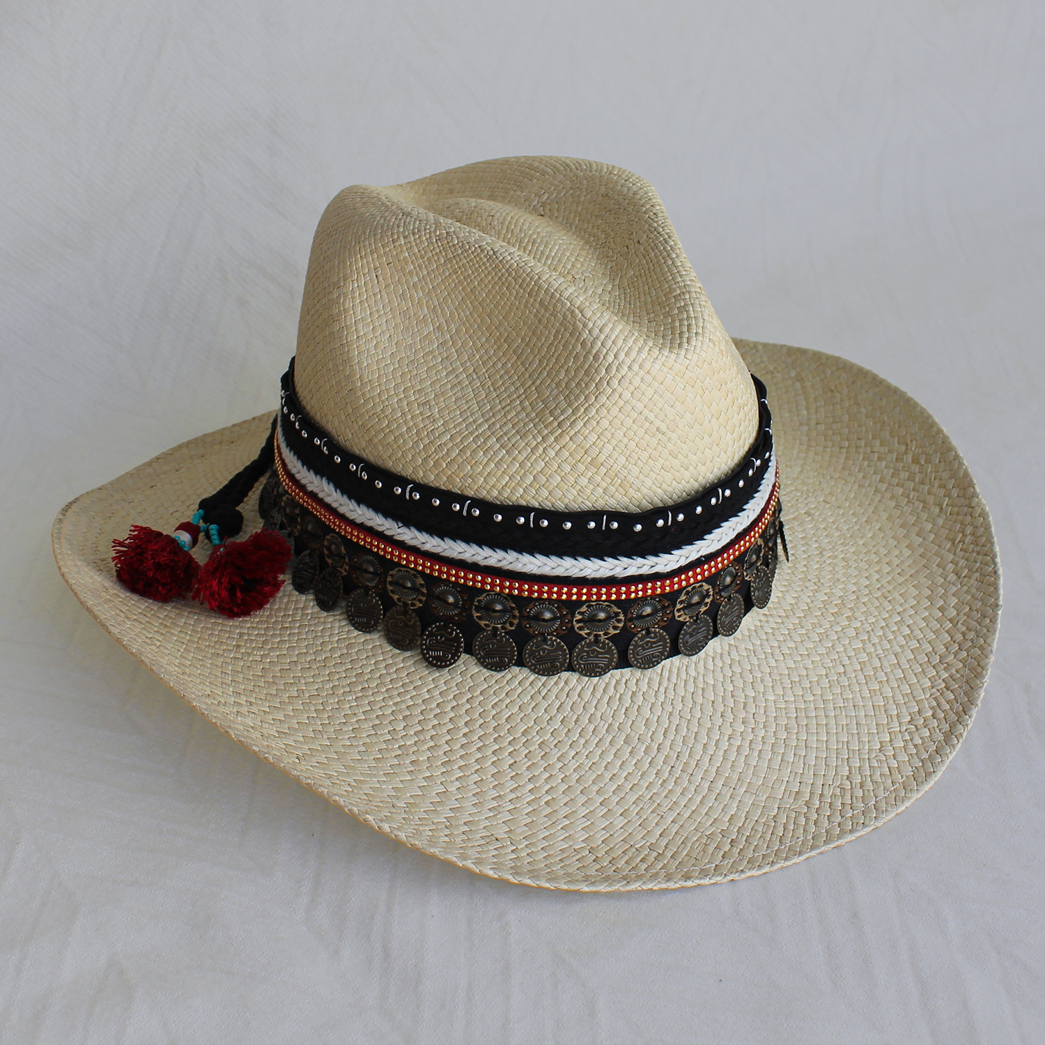 Natural Color Borsalino Hat with Boho Travel Coins Decoration Natural Color Borsalino Hat with Boho Travel Coins Decoration