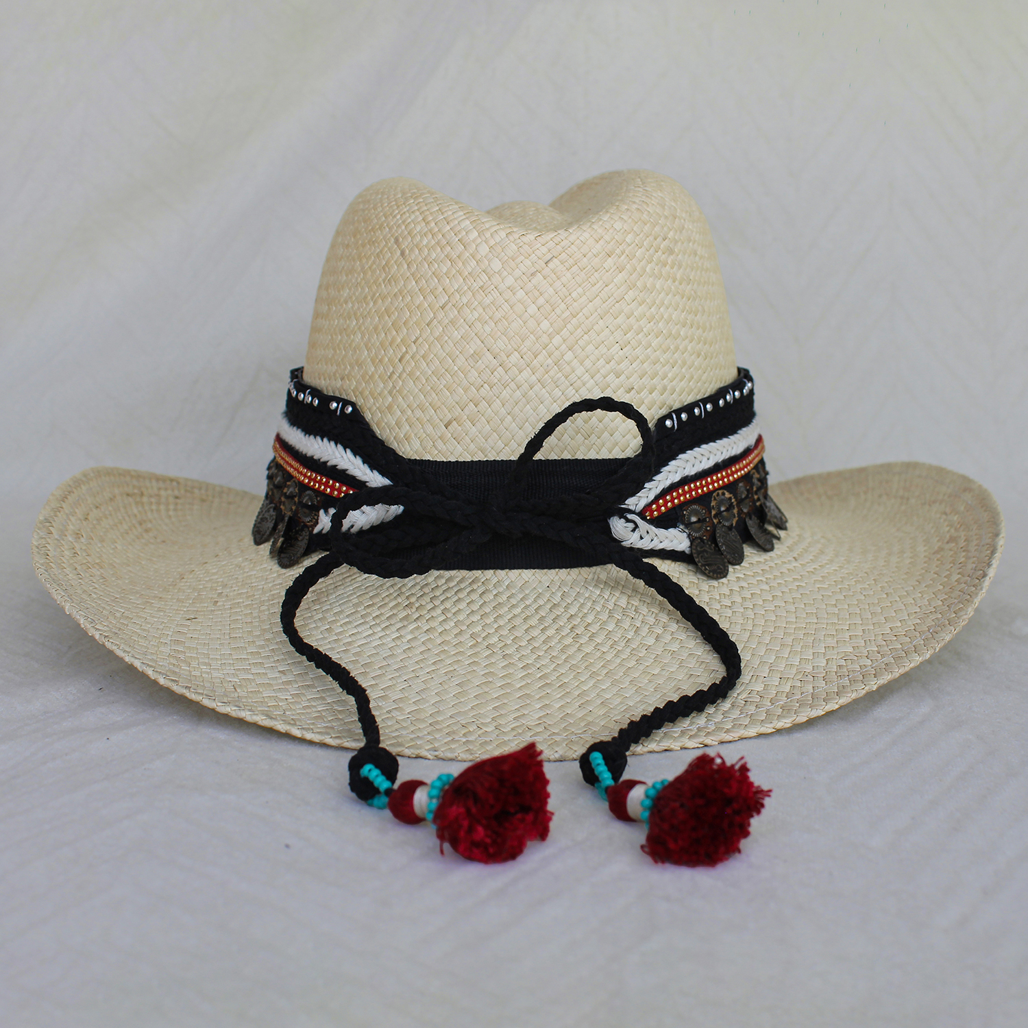 Natural Color Borsalino Hat with Boho Travel Coins Decoration Natural Color Borsalino Hat with Boho Travel Coins Decoration