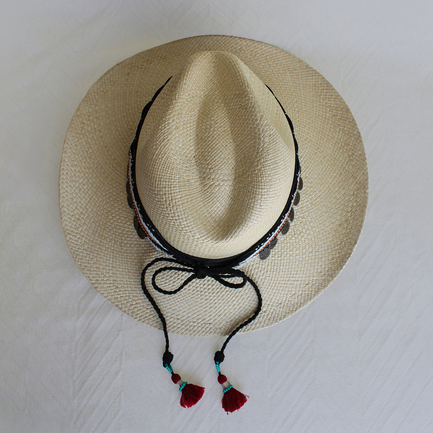 Natural Color Borsalino Hat with Boho Travel Coins Decoration Natural Color Borsalino Hat with Boho Travel Coins Decoration