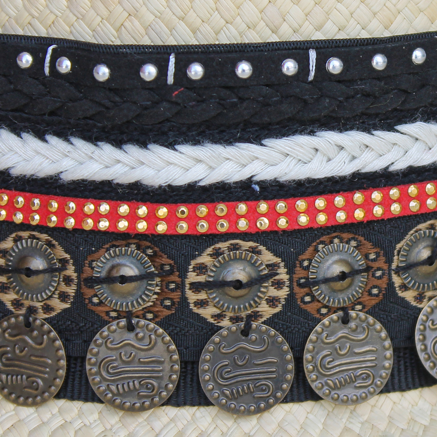 Natural Color Borsalino Hat with Boho Travel Coins Decoration Natural Color Borsalino Hat with Boho Travel Coins Decoration