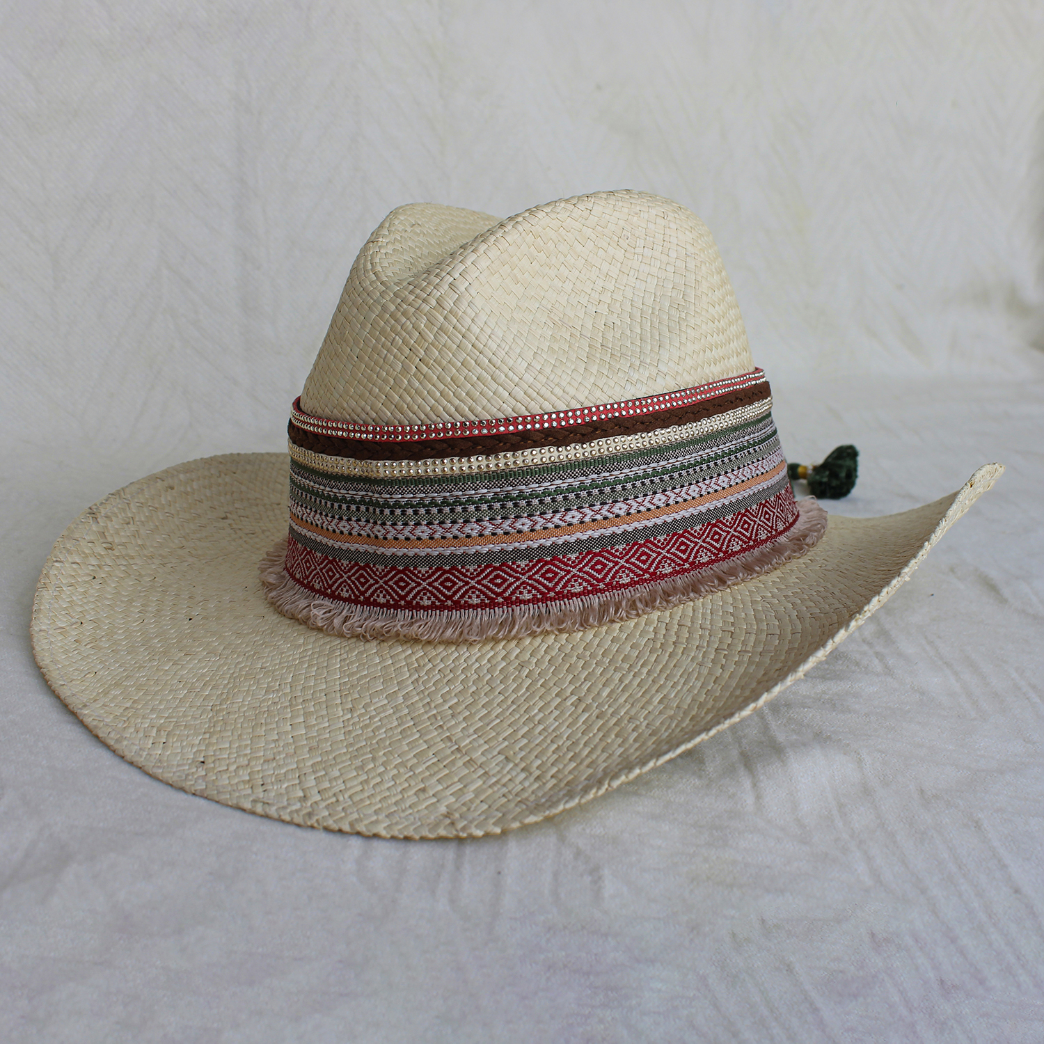 Natural Color Borsalino Hat with Boho Travel Indi Fringe Decoration Natural Color Borsalino Hat with Boho Travel Indi Fringe Decoration