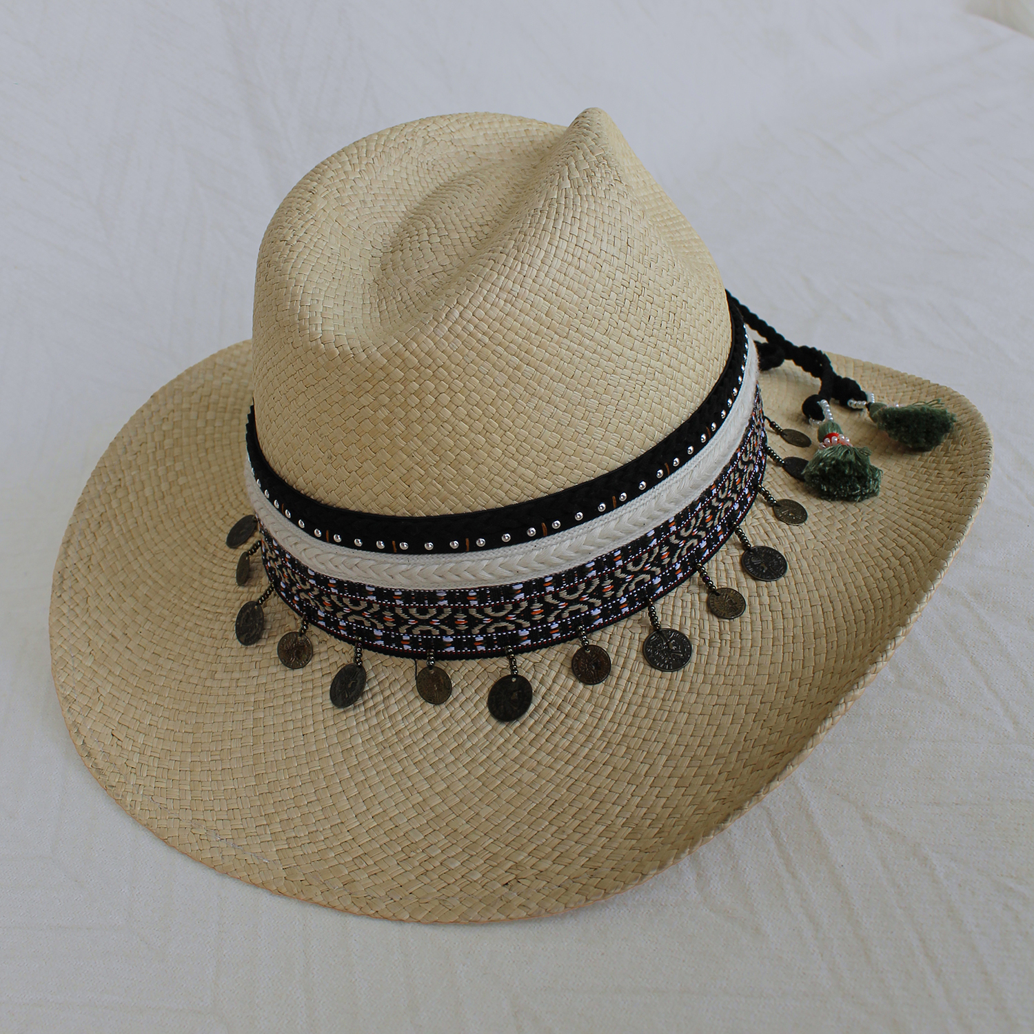 Natural Color Borsalino Hat with Boho Travel Moroccan Coins Decoration Natural Color Borsalino Hat with Boho Travel Moroccan Coins Decoration