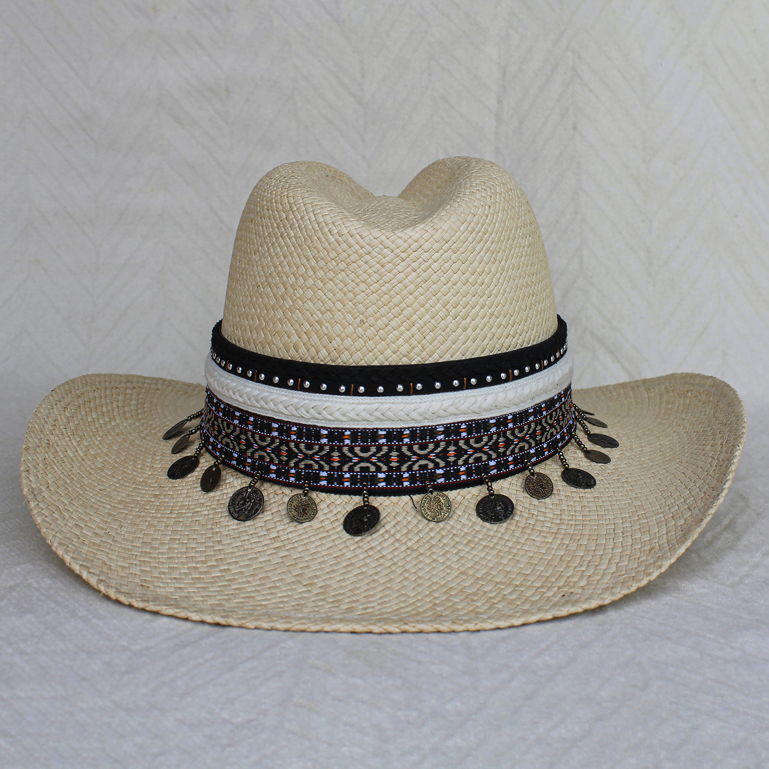 Natural Color Borsalino Hat with Boho Travel Moroccan Coins Decoration Natural Color Borsalino Hat with Boho Travel Moroccan Coins Decoration