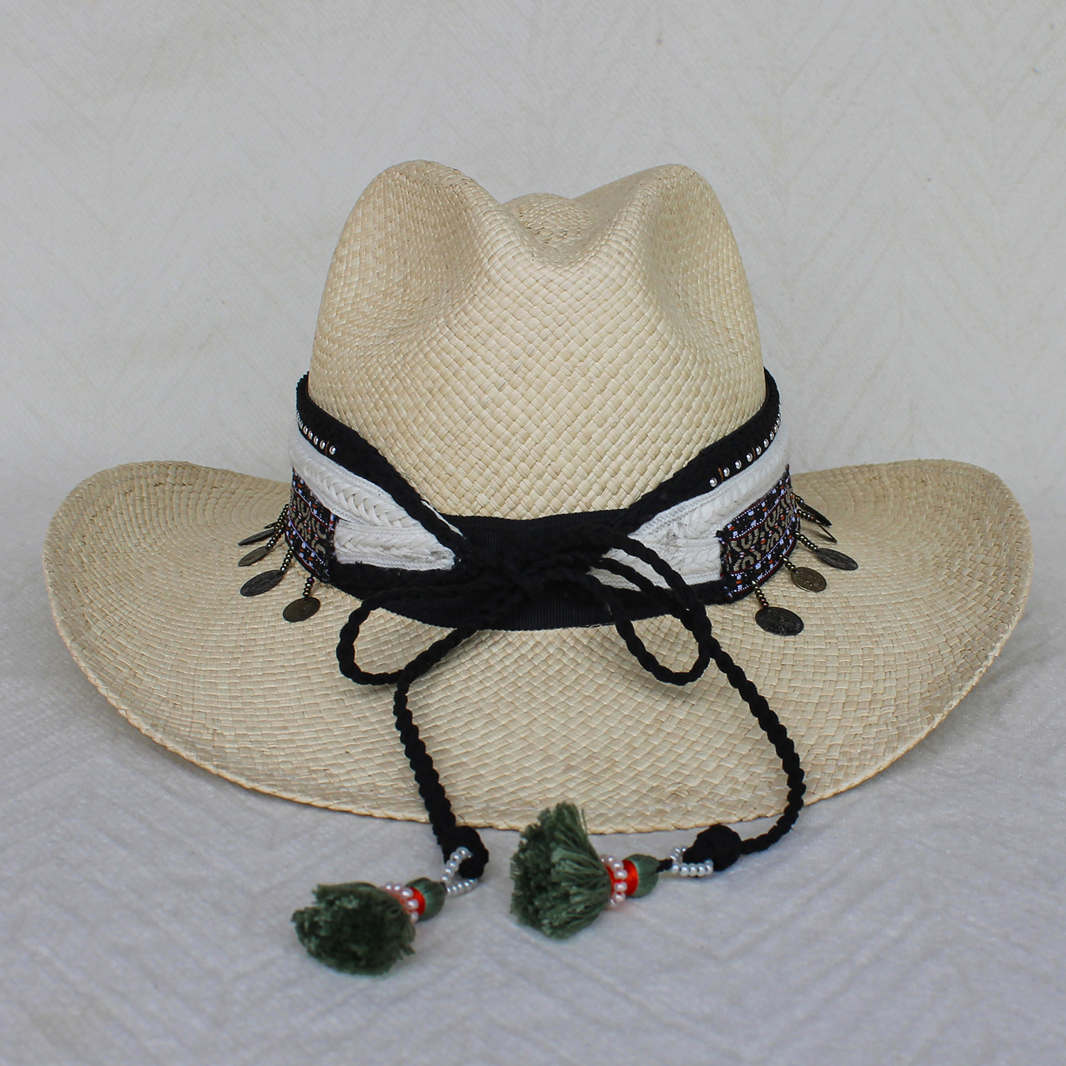 Natural Color Borsalino Hat with Boho Travel Moroccan Coins Decoration Natural Color Borsalino Hat with Boho Travel Moroccan Coins Decoration