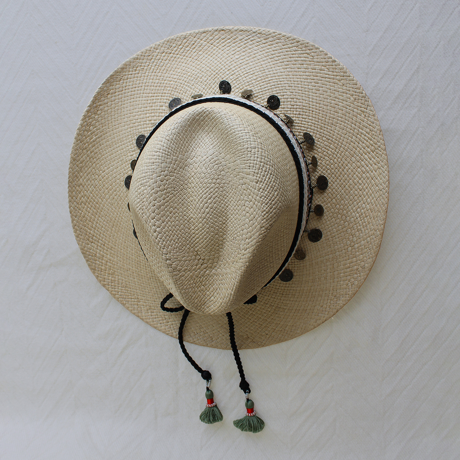 Natural Color Borsalino Hat with Boho Travel Moroccan Coins Decoration Natural Color Borsalino Hat with Boho Travel Moroccan Coins Decoration