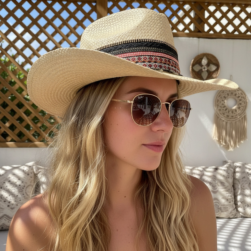 Natural Color Borsalino Hat with Boho Travel Pinky Coins Decoration Natural Color Borsalino Hat with Boho Travel Beaded Decoration (Copy) — Hat Size: 55.5 cm