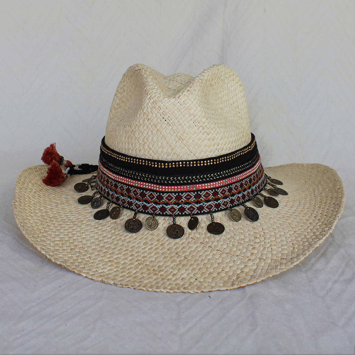 Natural Color Borsalino Hat with Boho Travel Pinky Coins Decoration Natural Color Borsalino Hat with Boho Travel Pinky Coins Decoration