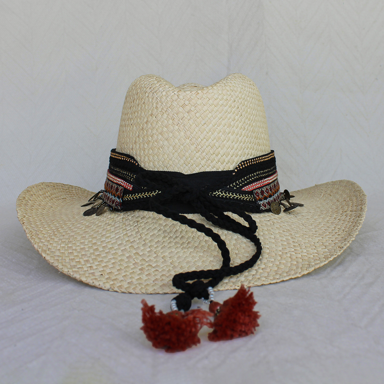 Natural Color Borsalino Hat with Boho Travel Pinky Coins Decoration Natural Color Borsalino Hat with Boho Travel Pinky Coins Decoration