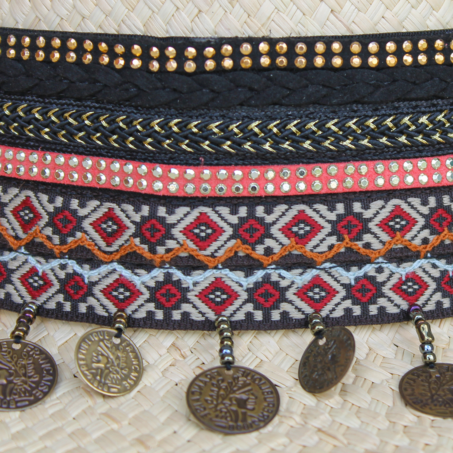 Natural Color Borsalino Hat with Boho Travel Pinky Coins Decoration Natural Color Borsalino Hat with Boho Travel Pinky Coins Decoration