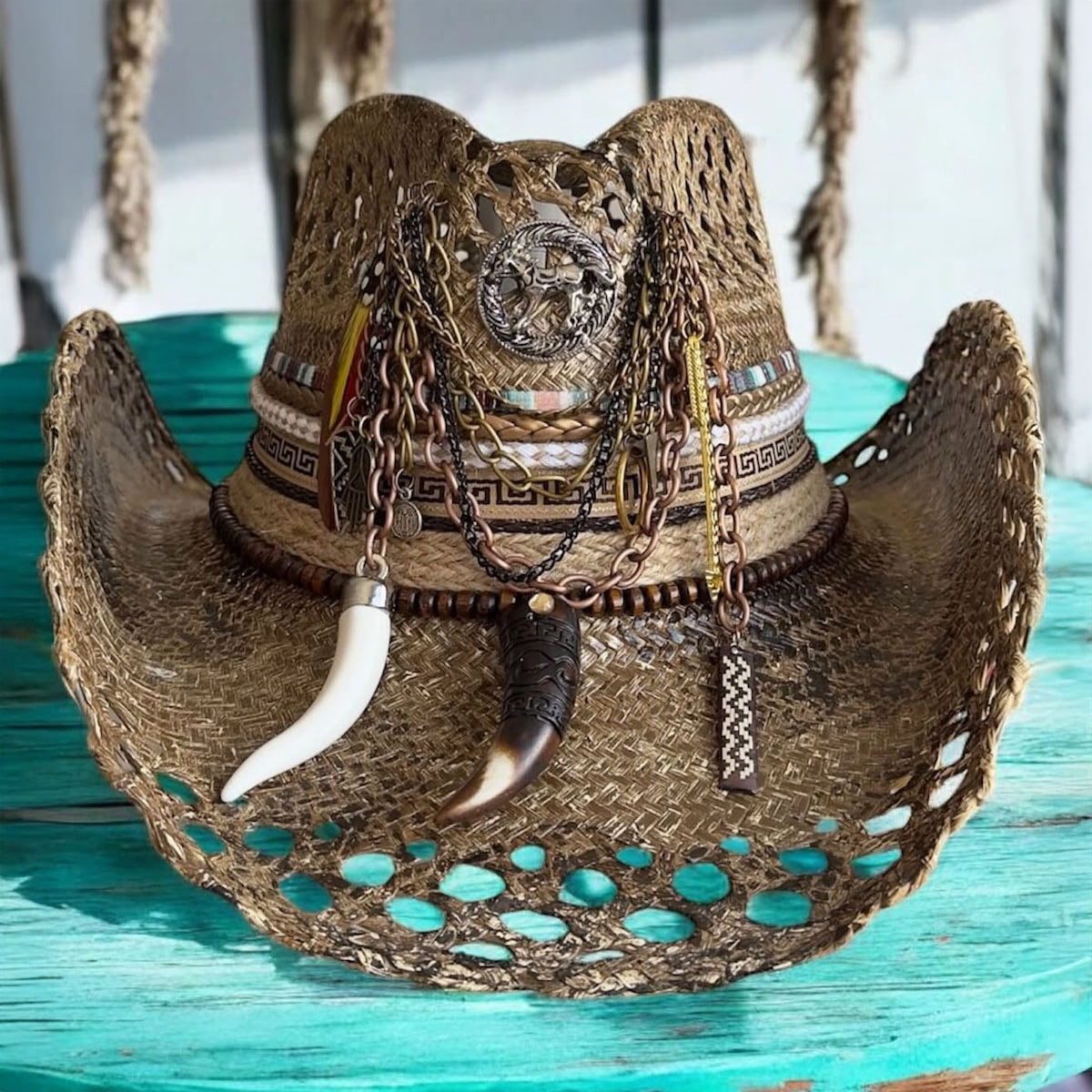 Vintage Brown Openwork Texan Cowboy Hat Vintage Brown Openwork Texan Cowboy Hat